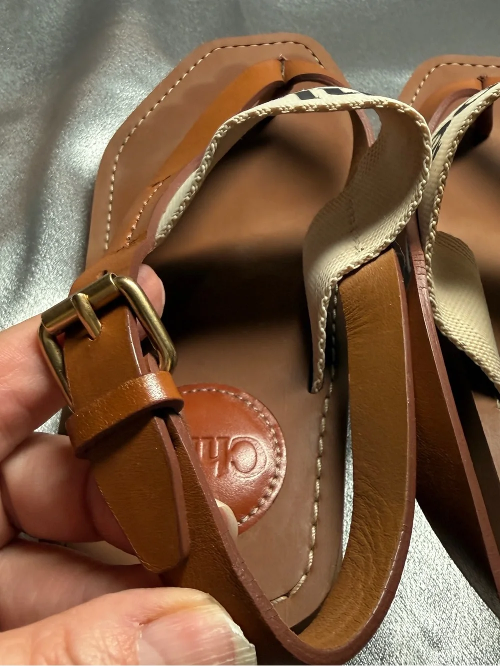 CHLOE Woody Flat Sandal Thong Slingback Logo Canvas Tan EU 35 US 5